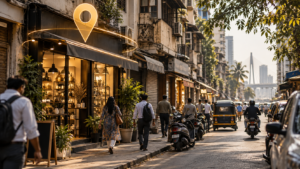 A street-level Mumbai neighbourhood lane with local shopfronts and a gold location pin, illustrating Google Maps local search visibility
