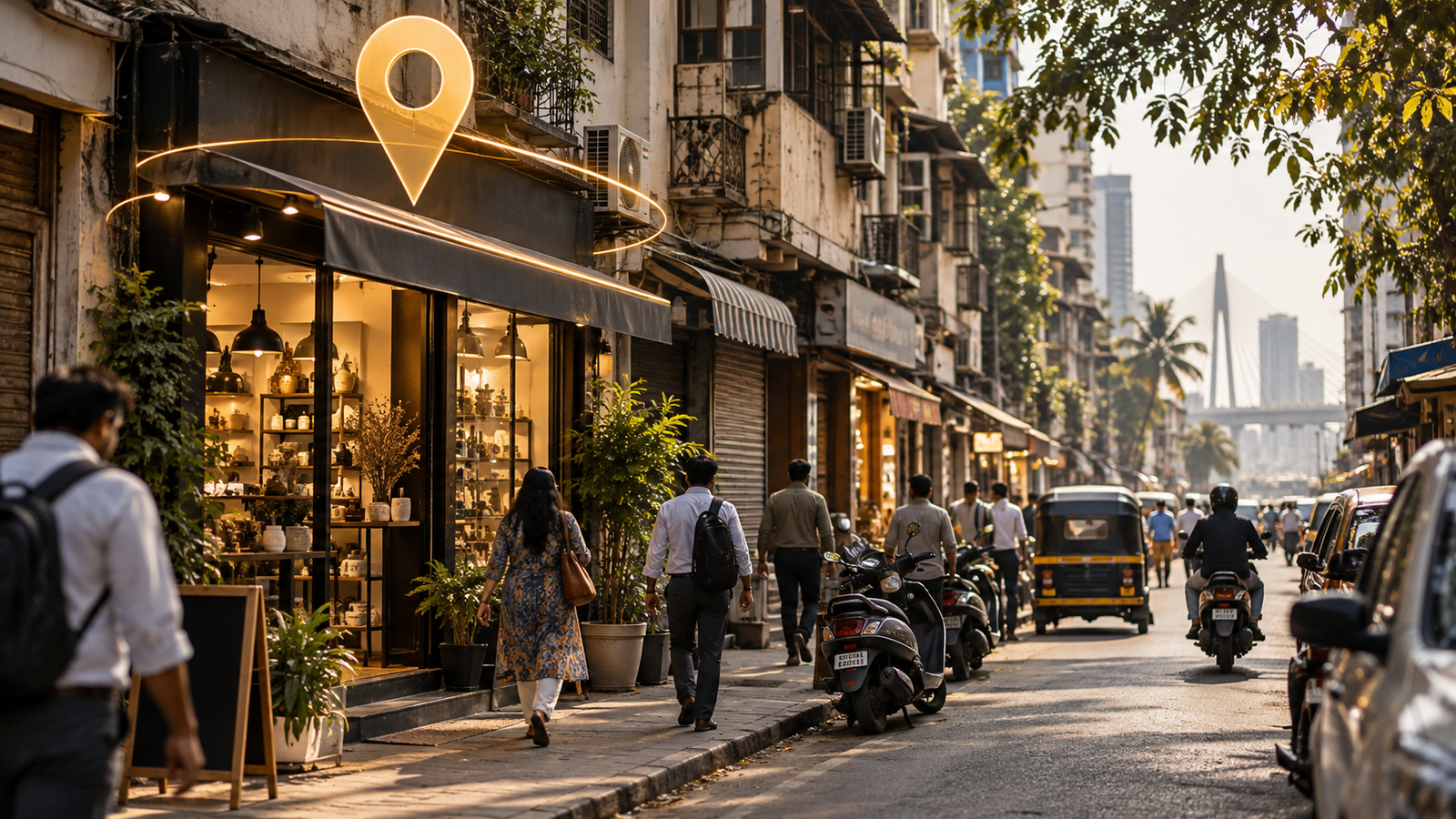 A street-level Mumbai neighbourhood lane with local shopfronts and a gold location pin, illustrating Google Maps local search visibility