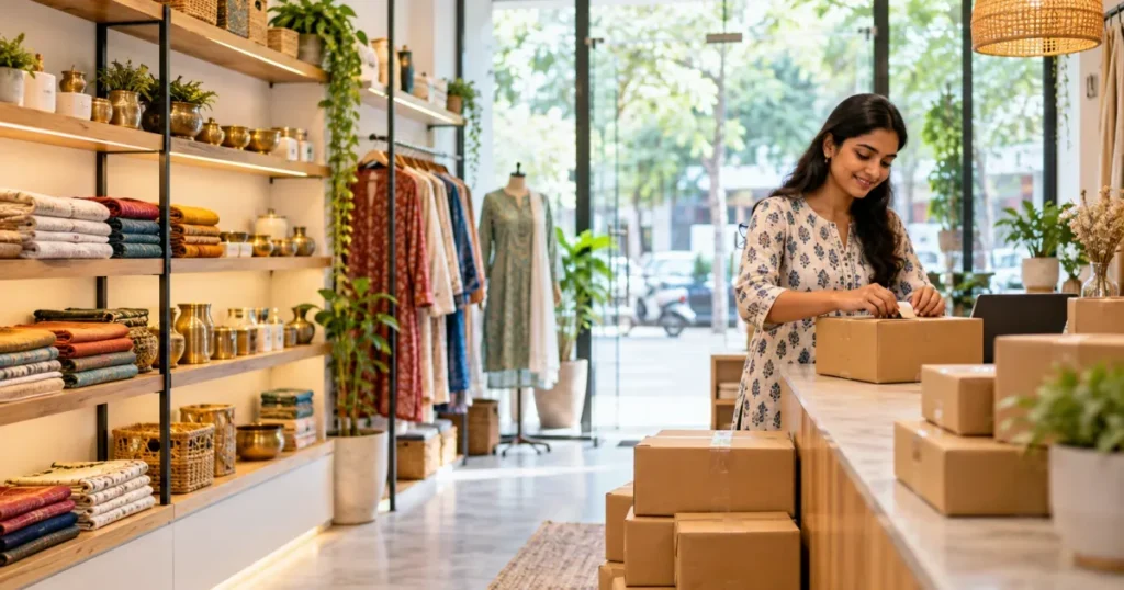 Small Indian retail shop interior with product shelves and shipping parcels