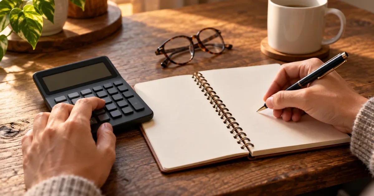 Hands planning a budget with a calculator and notebook