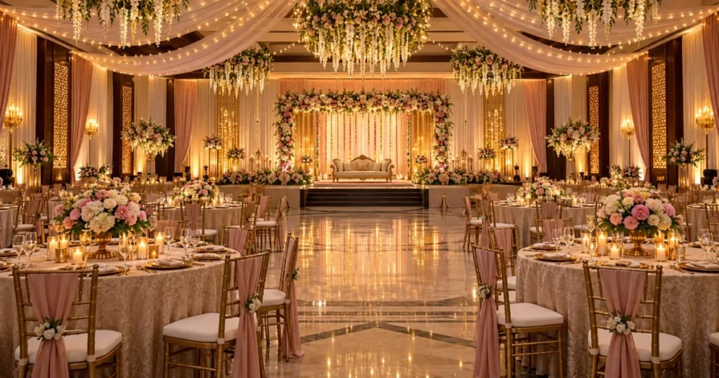 Indian banquet hall decorated and lit for a wedding reception