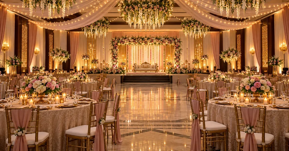 Indian banquet hall decorated and lit for a wedding reception