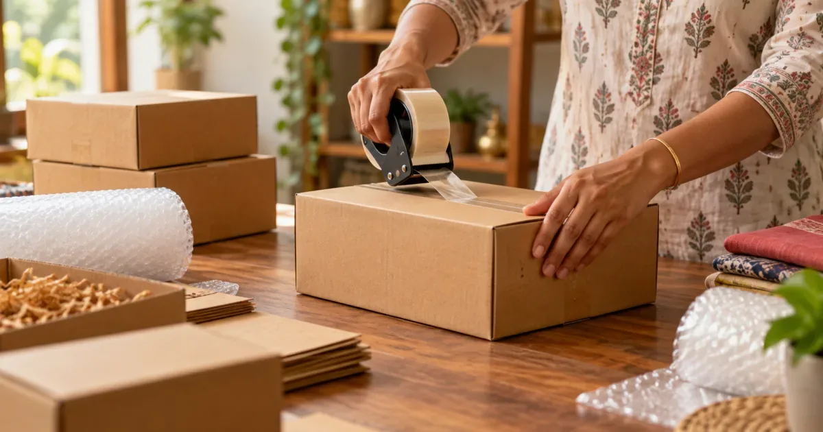 Small Indian business owner packing e-commerce parcels for online orders