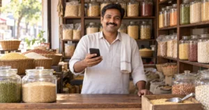 Indian shop owner using a smartphone at their shop counter