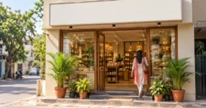 Exterior of a small Indian neighbourhood shopfront with an open entrance