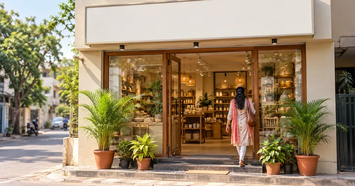 Exterior of a small Indian neighbourhood shopfront with an open entrance