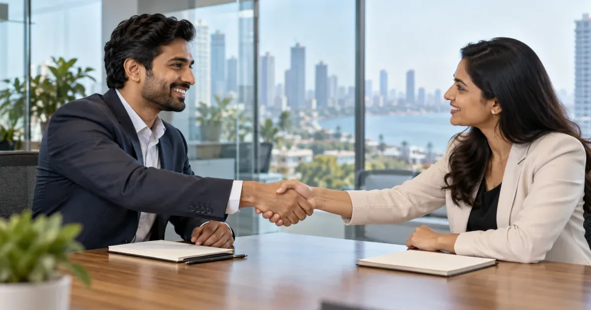 Two business professionals shaking hands in a modern Mumbai office