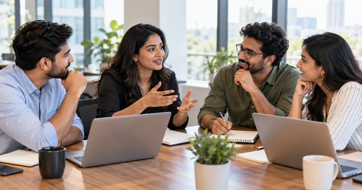 Small marketing team collaborating around a table in a bright office