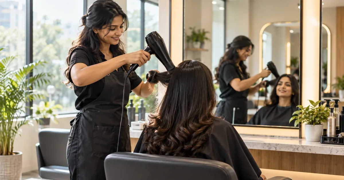 Stylist working with a client in a modern Indian hair salon