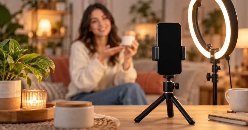 Smartphone on a tripod with ring light filming a short video