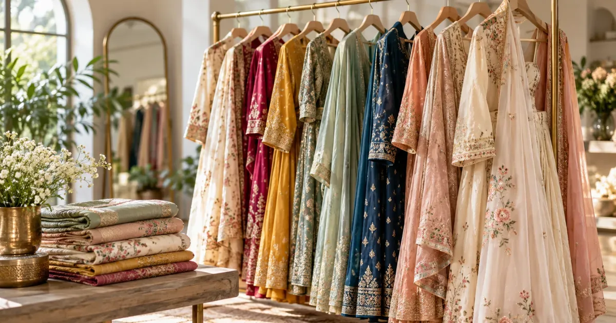 Clothing rail of contemporary Indian fashion garments in a boutique studio