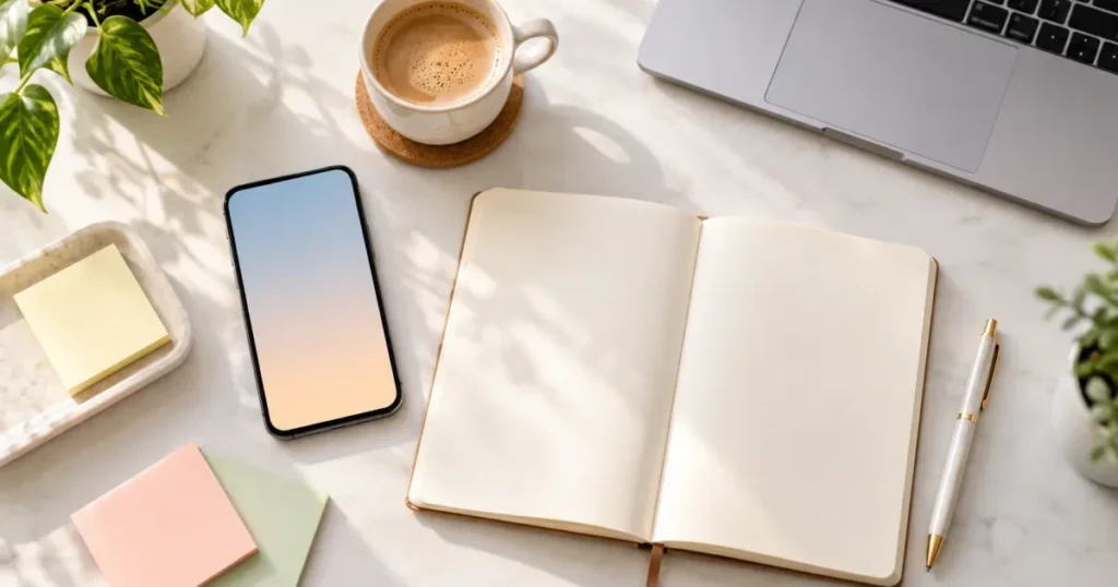 Marketing planning desk with phone, notebook and sticky notes