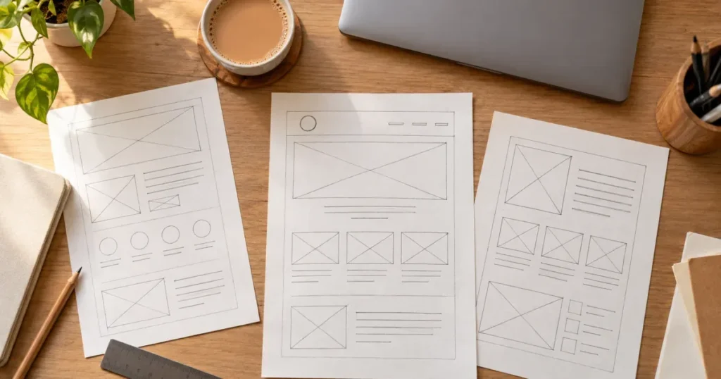 Hand-drawn website wireframe sketches on a designer's desk