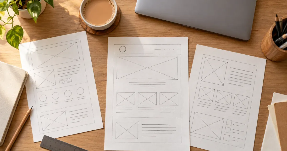 Hand-drawn website wireframe sketches on a designer's desk