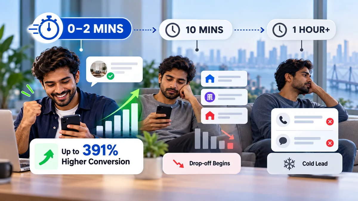 Lead response time timeline: 0-2 minutes peak intent vs 10 minutes vs 1 hour cold lead