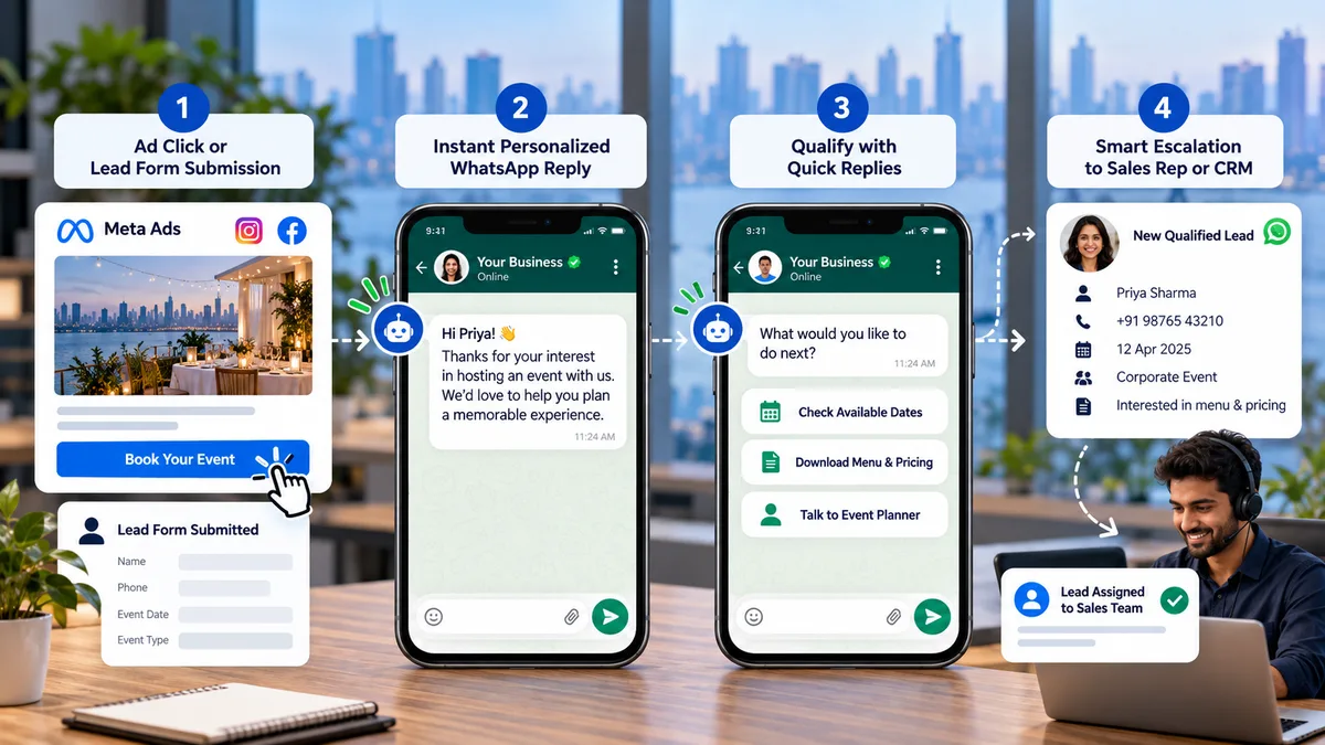 WhatsApp AI automation workflow: instant reply, quick-reply buttons and smart escalation