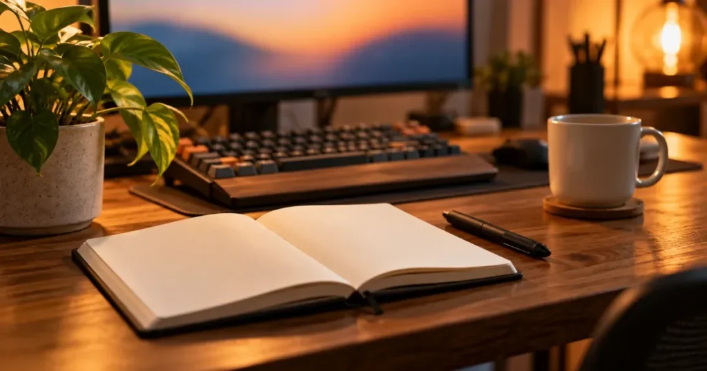 A web developer's desk setup with keyboard and notebook